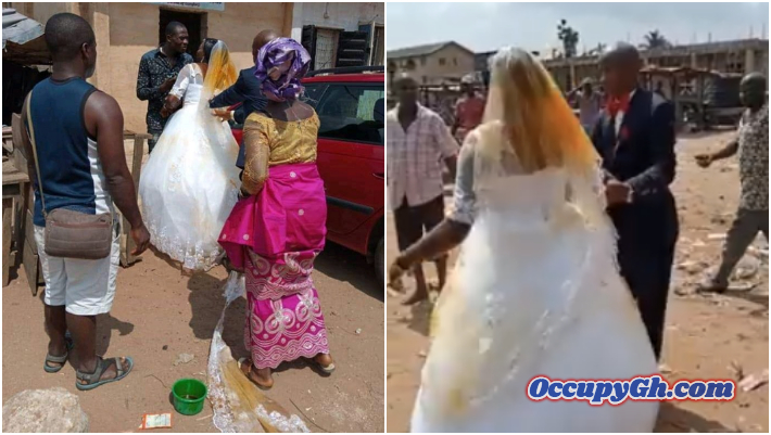 wife pours oil new bride