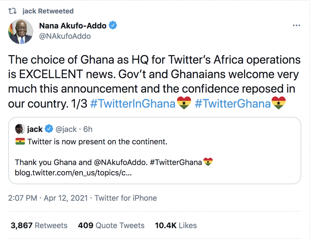 nana akufo addo twitter jack dorsey