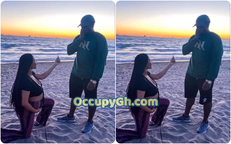 pregnant woman kneeling proposes man