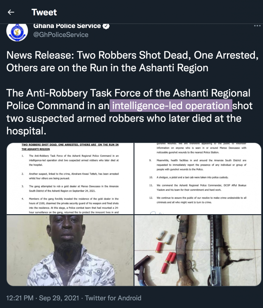 two armed robbers shot dead ashanti region ghana police