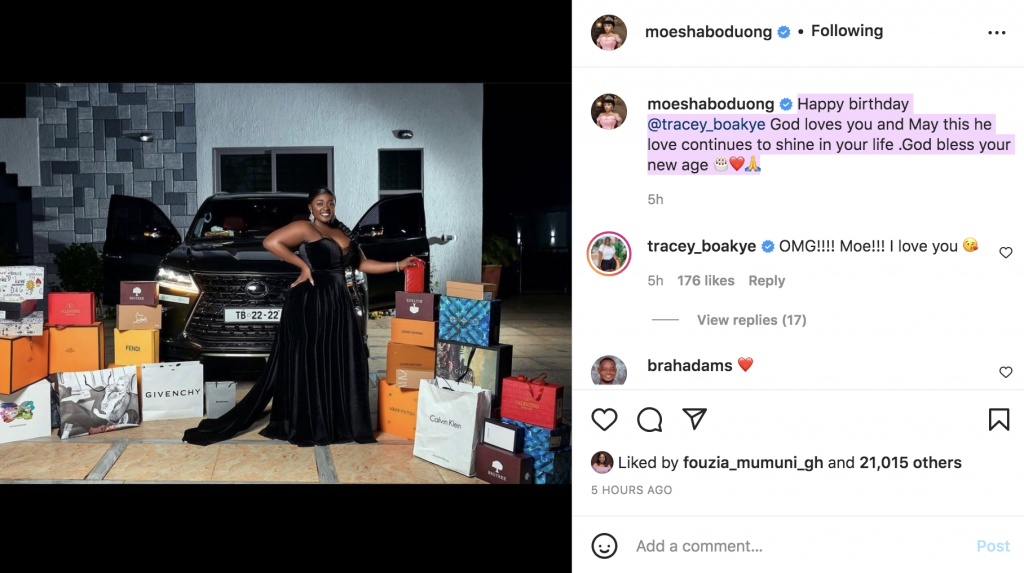 Moesha Boduong message tracey boakye birthday