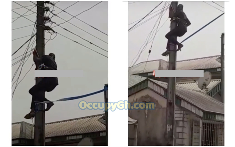 electricity officials hand electric pole