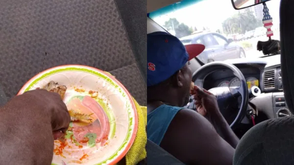 taxi driver eats kenkey driving