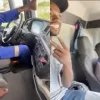 man driving with his leg