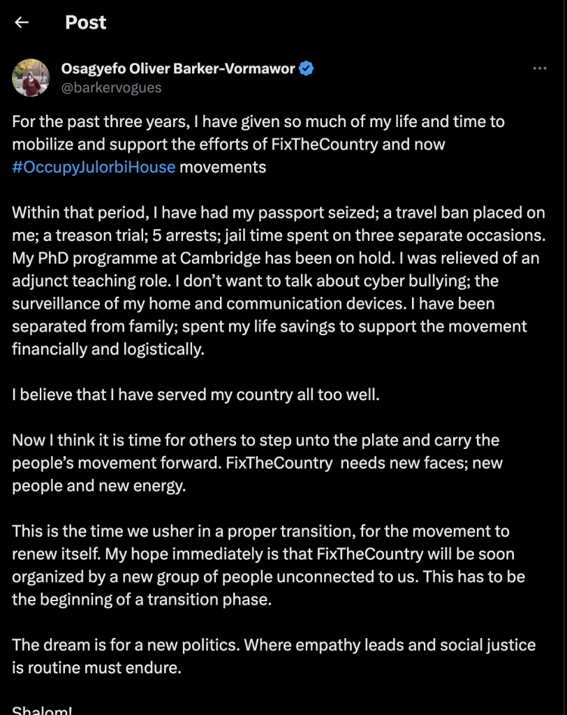 Oliver Barker-Vormawor Announces His Resignation 
