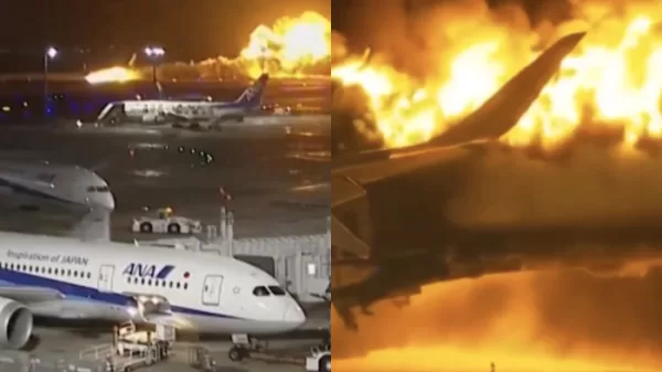 japan plane catches fire runway