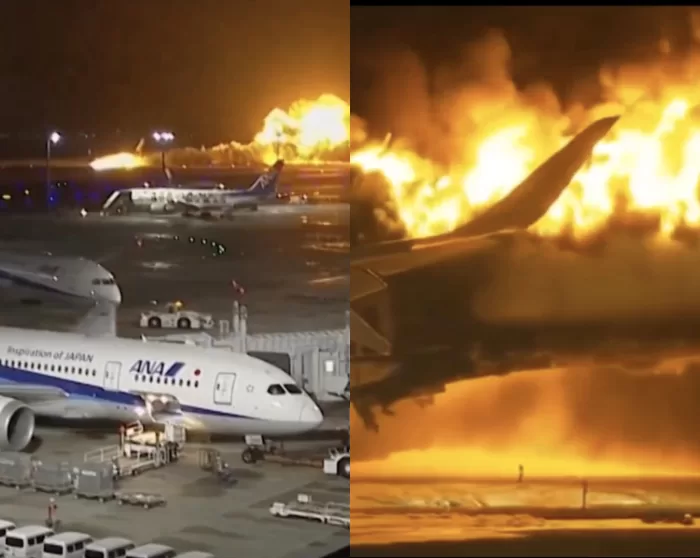 japan plane catches fire runway